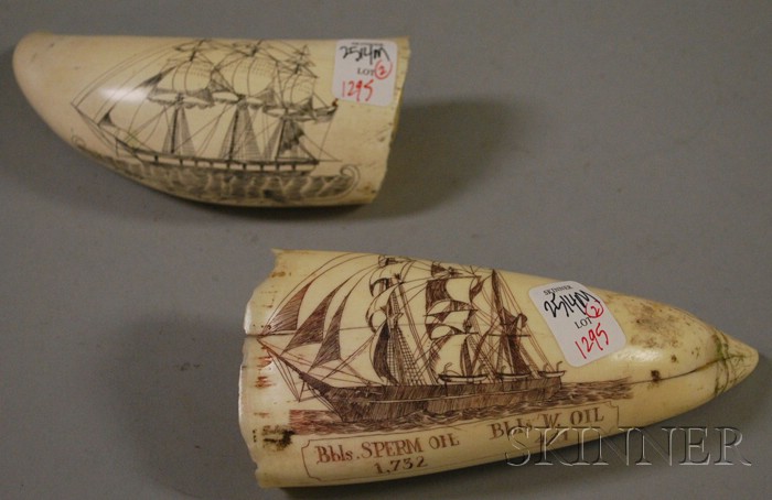 Appraisal: Two Scrimshaw-decorated Whale's Teeth one tooth depicting the ship ERIE