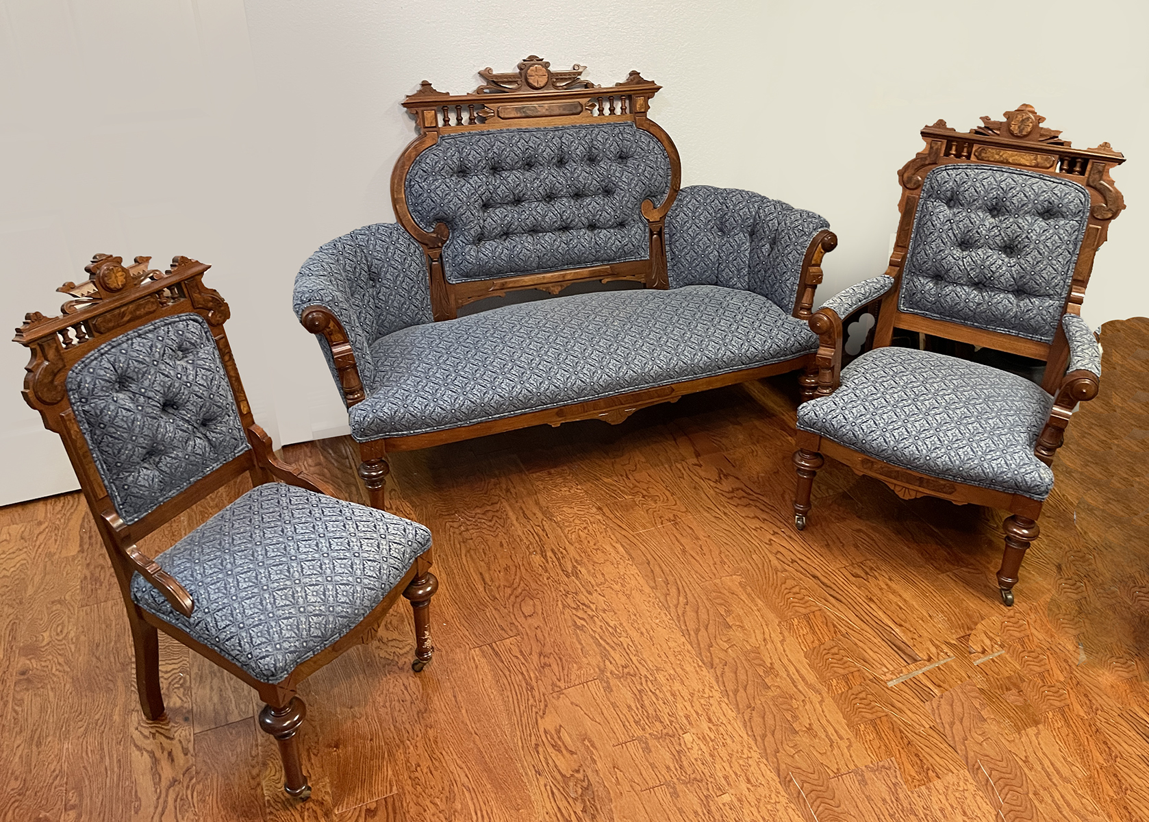 Appraisal: PC VICTORIAN WALNUT PARLOR SET Comprising - Settee - Armchair