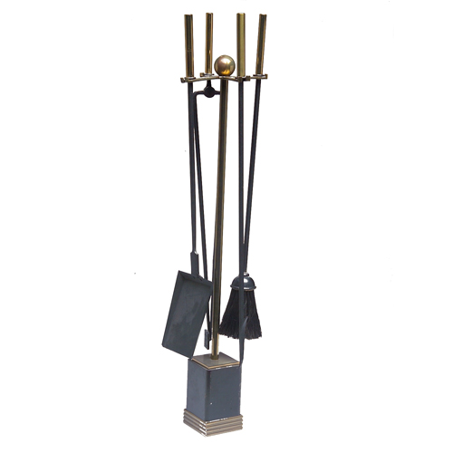 Appraisal: s Five-piece iron and brass firetool set with brush shovel