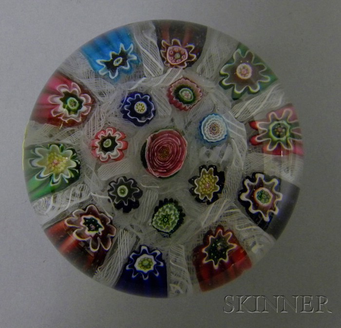 Appraisal: Clichy Chequer Millefiori Paperweight multicolored canes separated by white filigree