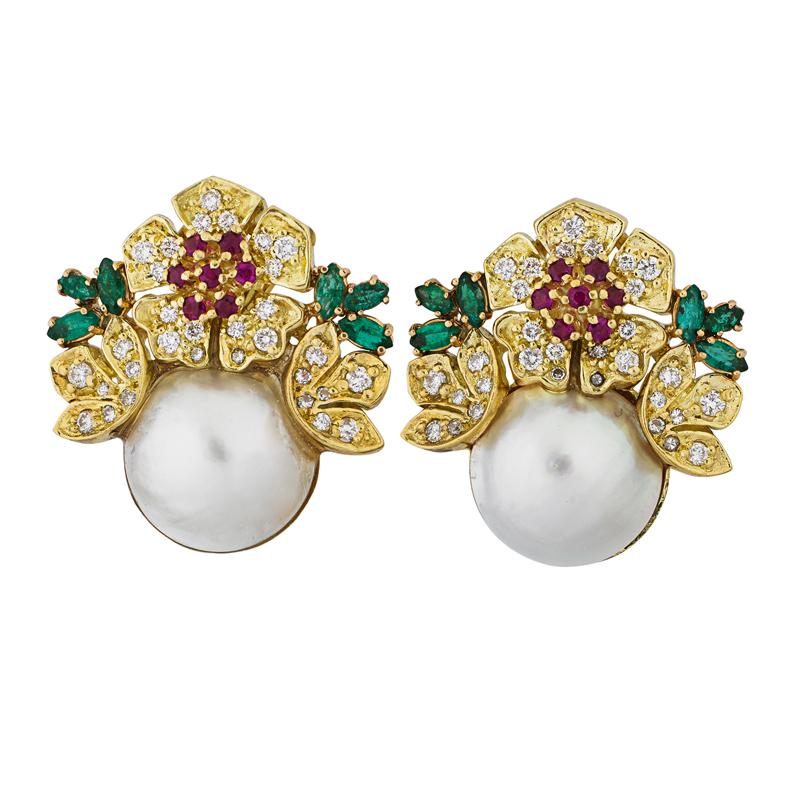 Appraisal: MABE PEARL K YELLOW GOLD AND GEM-SET EARRINGS Condition Report