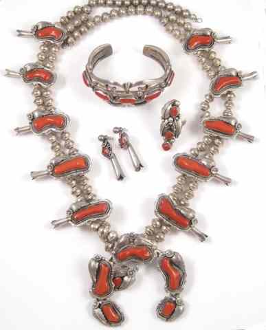 Appraisal: FOUR PIECE NATIVE AMERICAN SQUASH BLOSSOM NECKLACE BRACELET PAIR EARRINGS