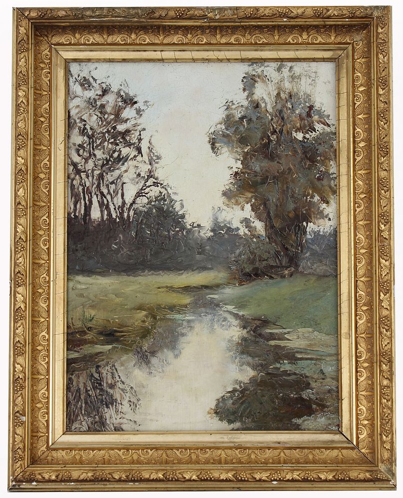 Appraisal: Signed Antique Riverscape Painting Signed Antique Riverscape Painting Double-sided painting