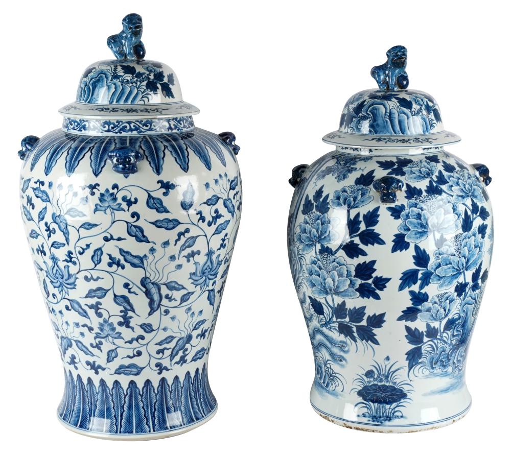 Appraisal: TWO CHINESE BLUE WHITE PORCELAIN COVERED JARSeach decorated with birds