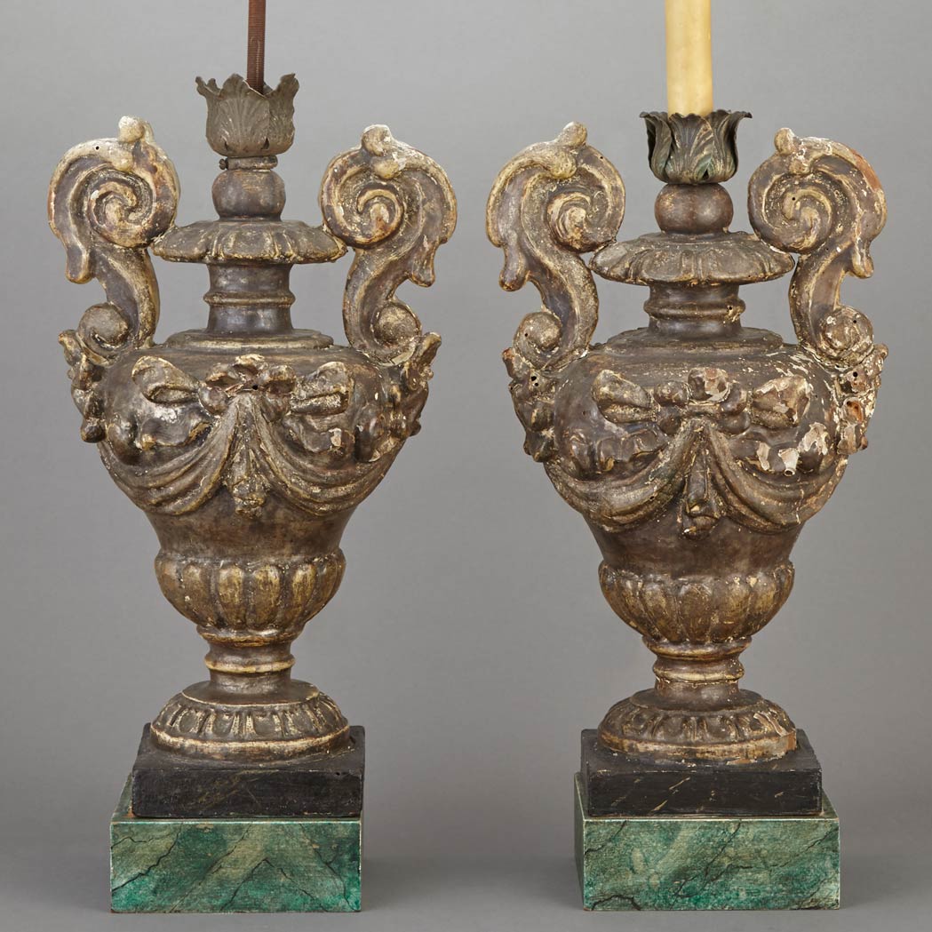 Appraisal: Pair of Italian Baroque Silvered Wood Urns Each now mounted