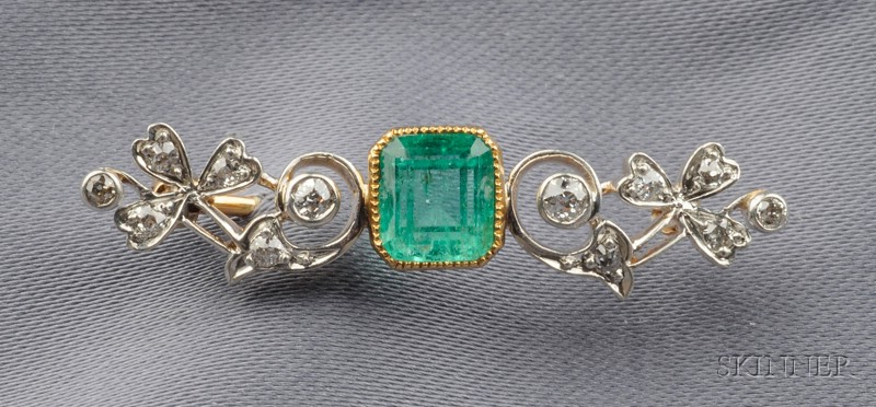 Appraisal: Edwardian Emerald and Diamond Brooch bezel-set with an emerald-cut emerald