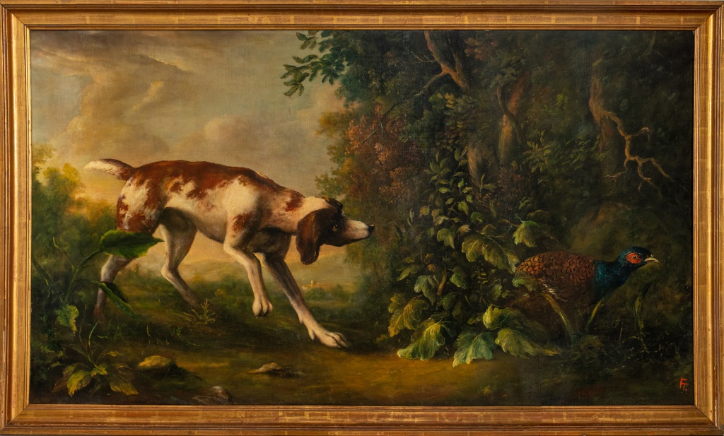 Appraisal: BRIT SCHOOL DOG POINTING PHEASANT OIL ON CANVAS British School