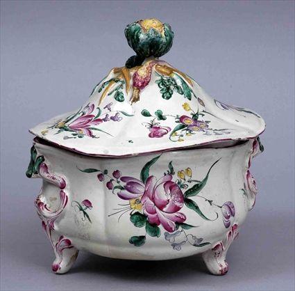 Appraisal: ROCOCO-STYLE ROUEN-TYPE FAIENCE TUREEN AND COVER With scrollwork bracket handles