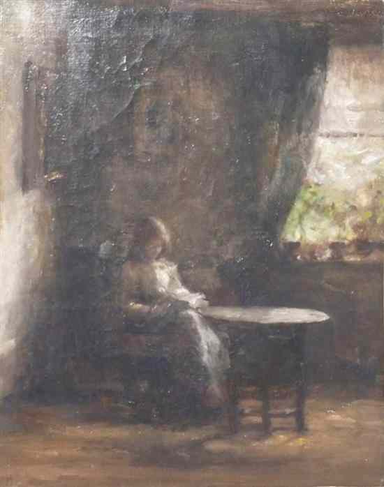 Appraisal: Beatrice How - oil on canvas Interior with girl reading