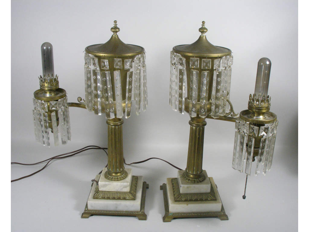 Appraisal: Pair of Antique Drop Prism Table Lamps square stepped marble