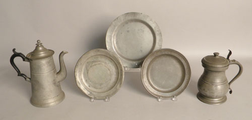 Appraisal: Three English pewter plates together with a coffee pot h