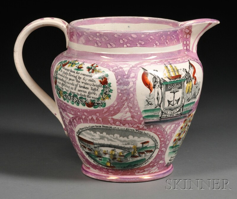 Appraisal: Sunderland Pink Lustre Transfer-decorated Pottery Jug with Maritime Scenes England