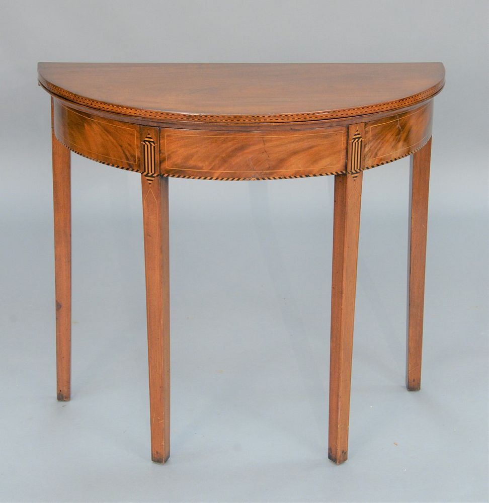 Appraisal: Federal Mahogany Demilune Games Table having barber pole inlay on