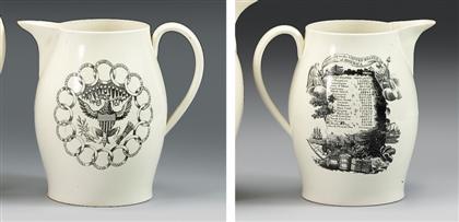 Appraisal: Rare black transfer-printed creamware pitcher Ovoid form decorated with Prosperity