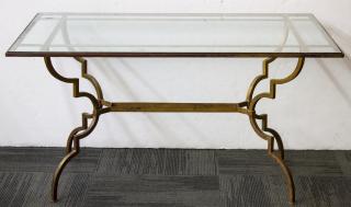 Appraisal: Gilt Wrought Iron Glass With graceful curving legs and stretcher