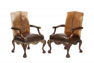 Appraisal: Pair Louis XIII Style Cowhide Throne Chairs Continental late th