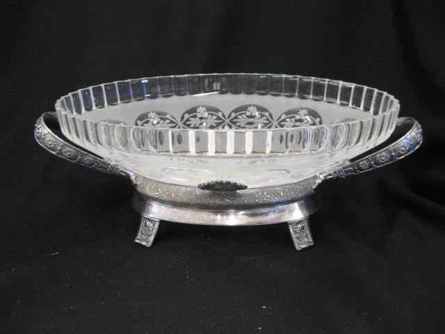 Appraisal: Victorian Silverplate Oval Bowl frosted clear glass on silverplate stand