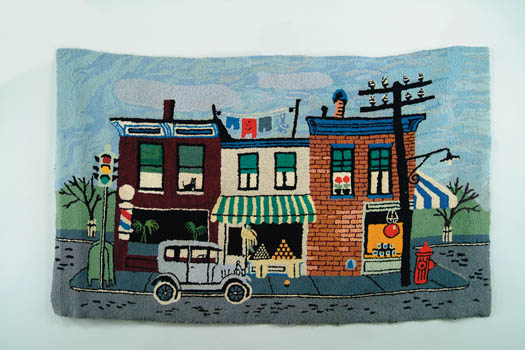 Appraisal: INTERESTING PICTORIAL HOOKED RUG OF MAIN STREET USA The scene