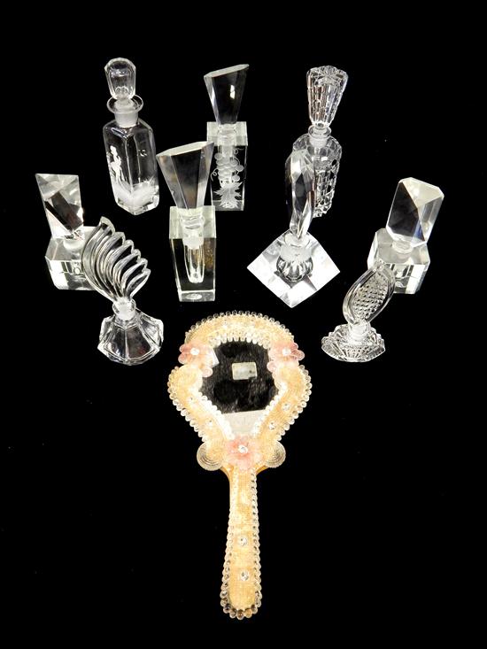 Appraisal: Mid-century glass vanity accessories including perfume bottles and hand mirror