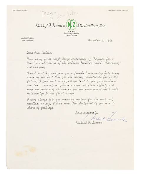 Appraisal: A Marilyn Monroe-received letter from Richard D Zanuck Typed on