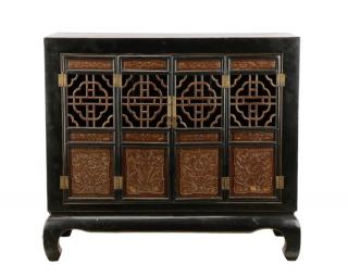 Appraisal: Chinese Black Lacquer Fretwork Cabinet Chinese th th century A