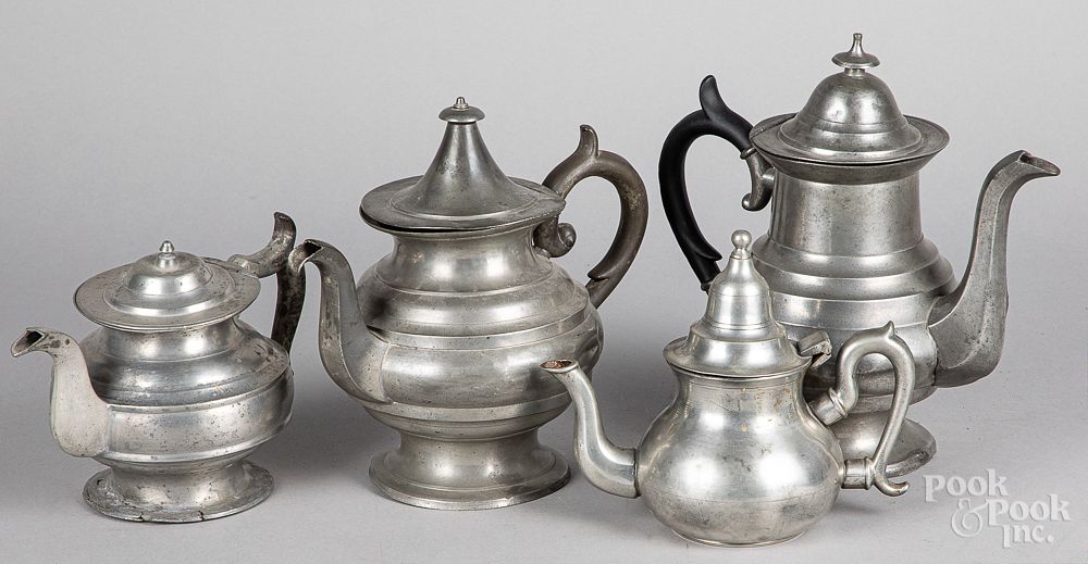 Appraisal: Three American pewter teapots and coffee pots Three American pewter