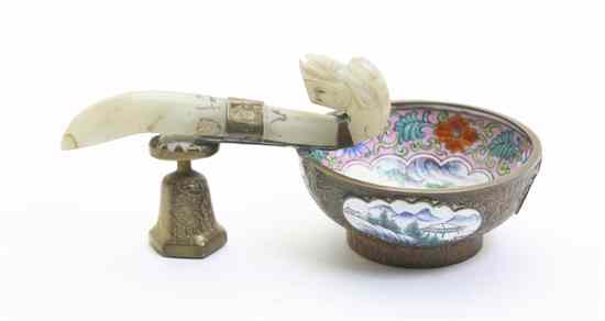 Appraisal: A Chinese Jade Belt Hook mounted to a cloisonne bowl