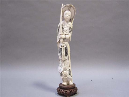 Appraisal: CHINESE POLYCHROME DECORATED CARVED IVORY FIGURE OF A FEMALE WARRIOR