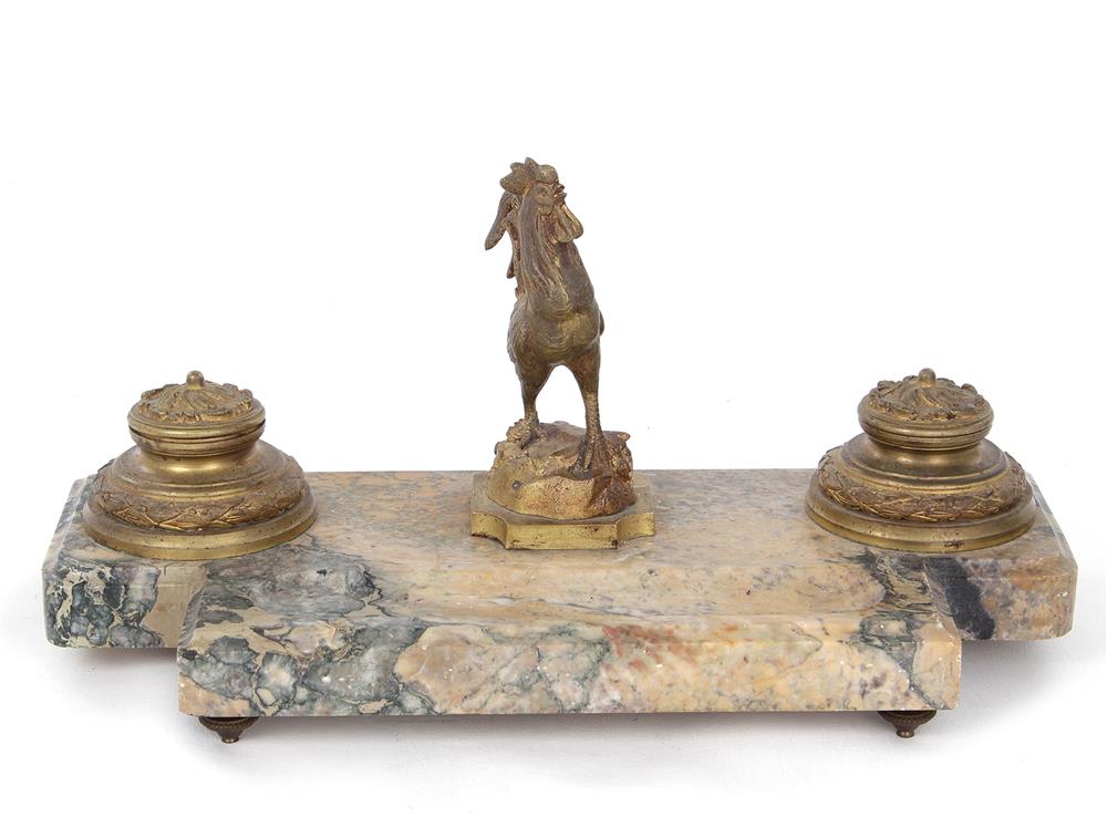 Appraisal: Bronze and marble inkstand early th century molded stand supporting