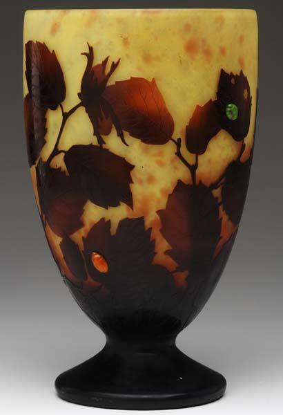 Appraisal: DAUM Large coupe-shaped vase acid-etched with brown leafy branches and