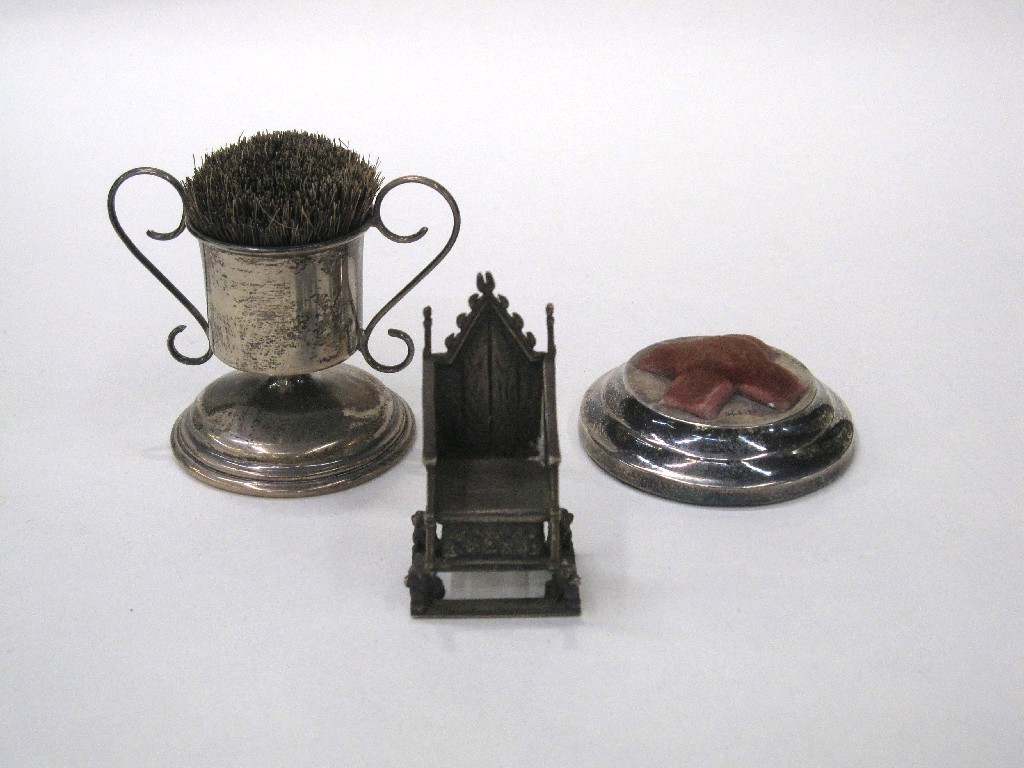 Appraisal: Lot comprising silver pen brush pin cushion and miniature throne