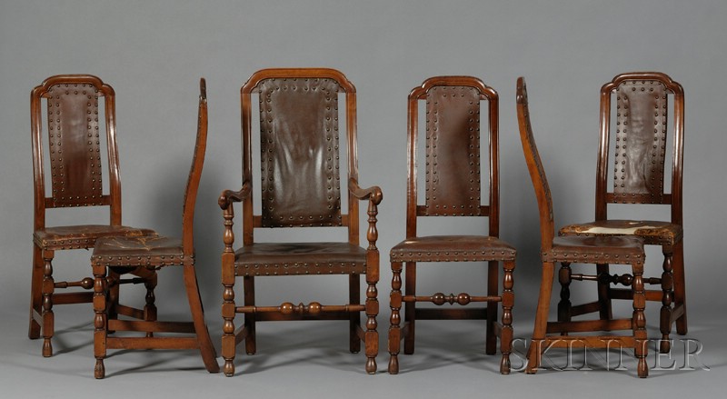 Appraisal: Set of Six Maple Leather Chairs Massachusetts c - comprising