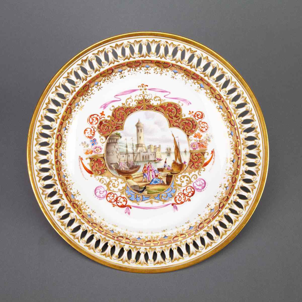 Appraisal: Meissen Reticulated Plate th century painted with a harbour scene