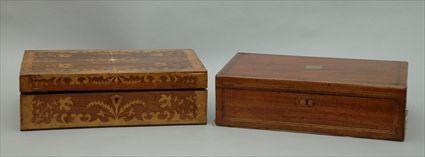 Appraisal: English Marquetry-Inlaid Lap Desk together with a Brass-Inlaid Lap Desk