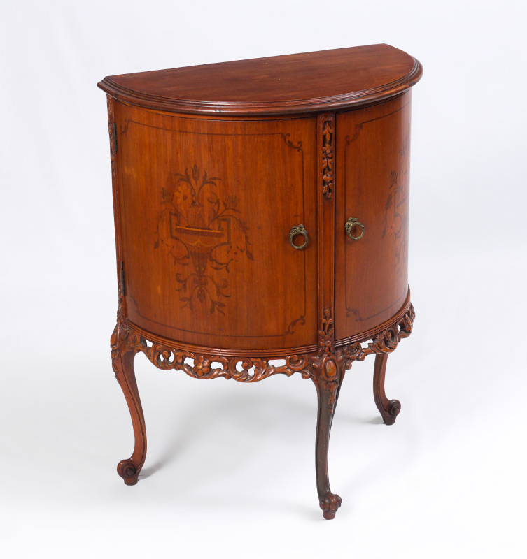 Appraisal: DOOR INLAID DEMI LUNE HALL TABLE Inlaid floral motif doors