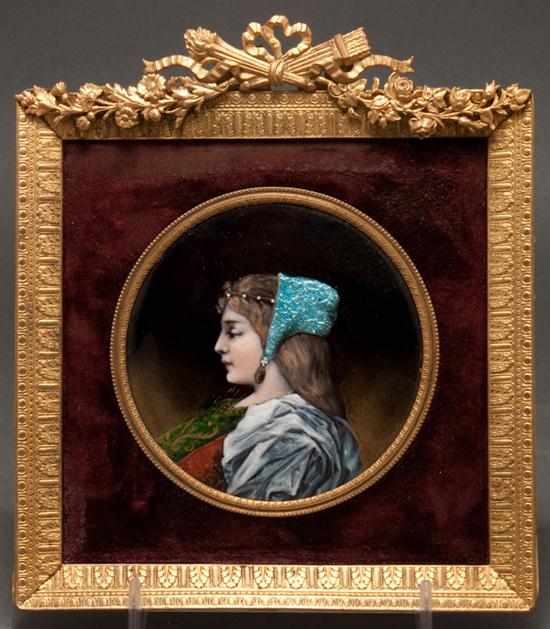 Appraisal: Limoges foil enamel portrait of a young Renaissance woman th