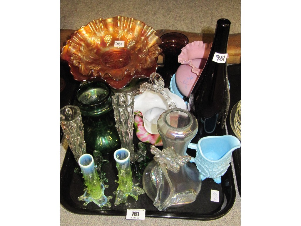 Appraisal: Tray lot of assorted glass - hyacinth vases carnival etc