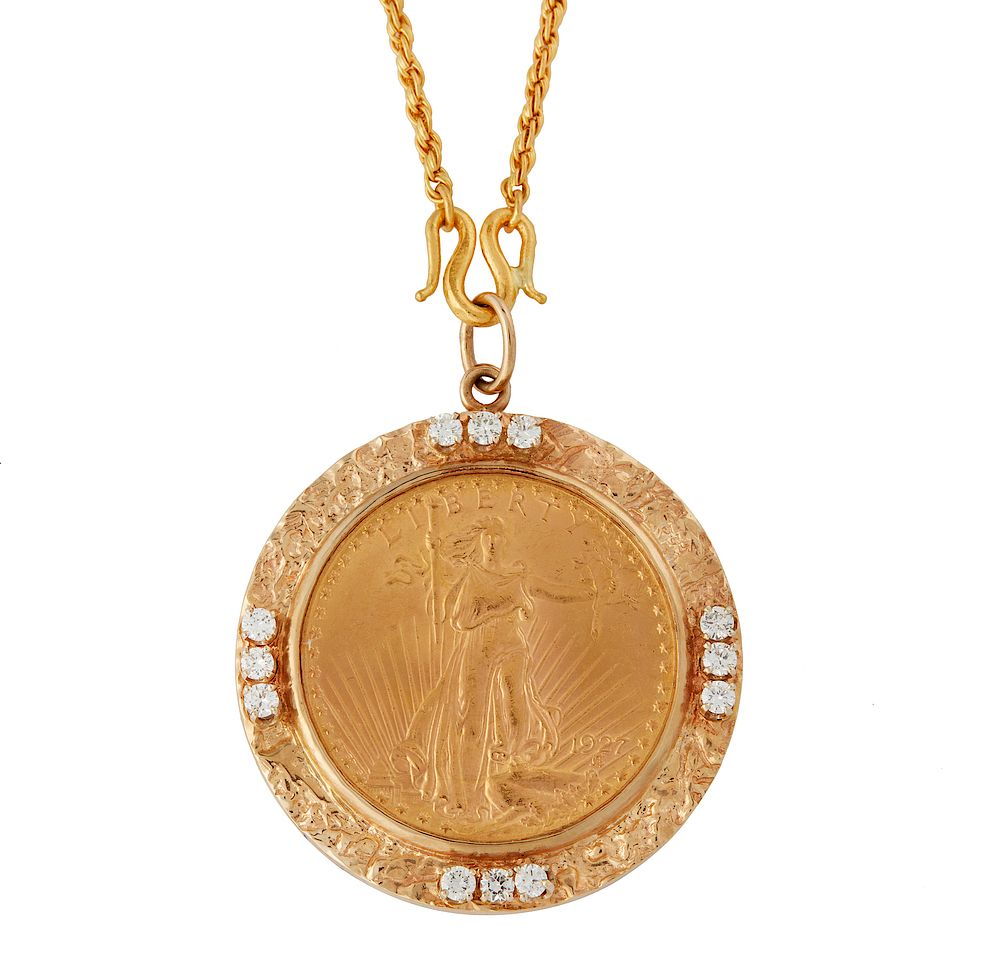 Appraisal: St Gaudens Gold Coin Pendant and Chain St Gaudens gold