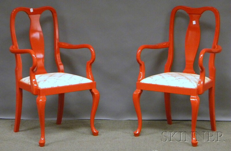 Appraisal: Pair of Coral Lacquered Queen Anne-style Armchairs with Upholstered Slip-seats