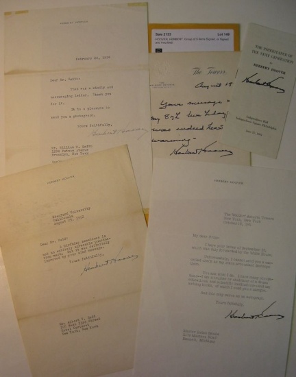 Appraisal: HOOVER HERBERT Group of items Signed or Signed and Inscribed