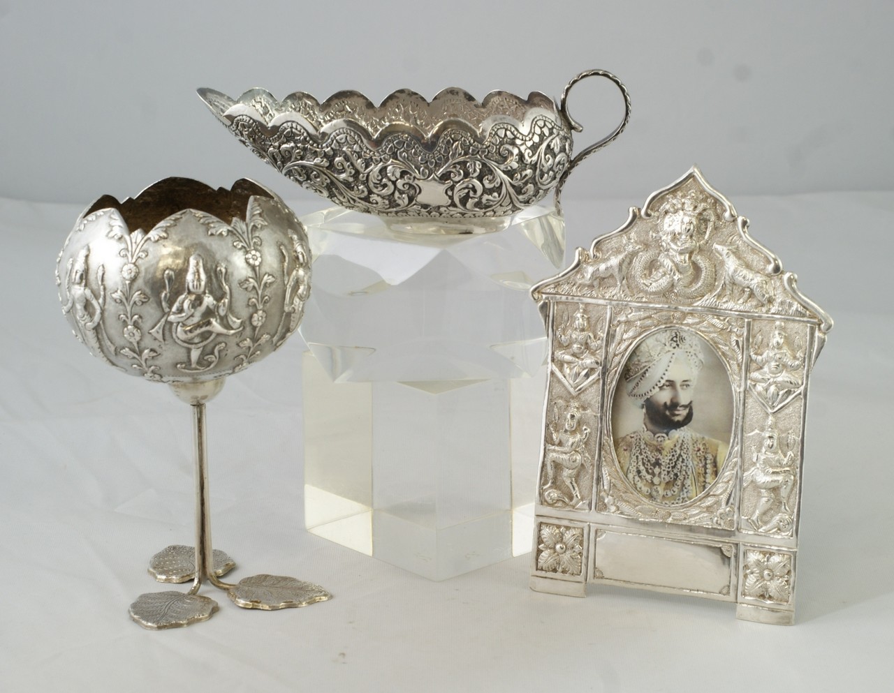 Appraisal: pcs of Indian Silver in include a sauceboat picture frame