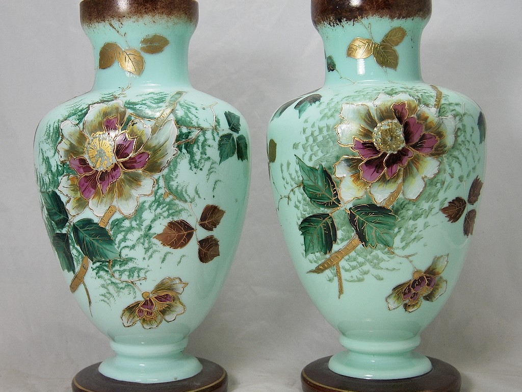 Appraisal: Pair of Victorian opaque glass baluster vases with painted and