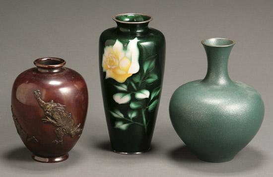 Appraisal: Three Japanese Metal Vases Taisho-Showa Period - The first inlaid