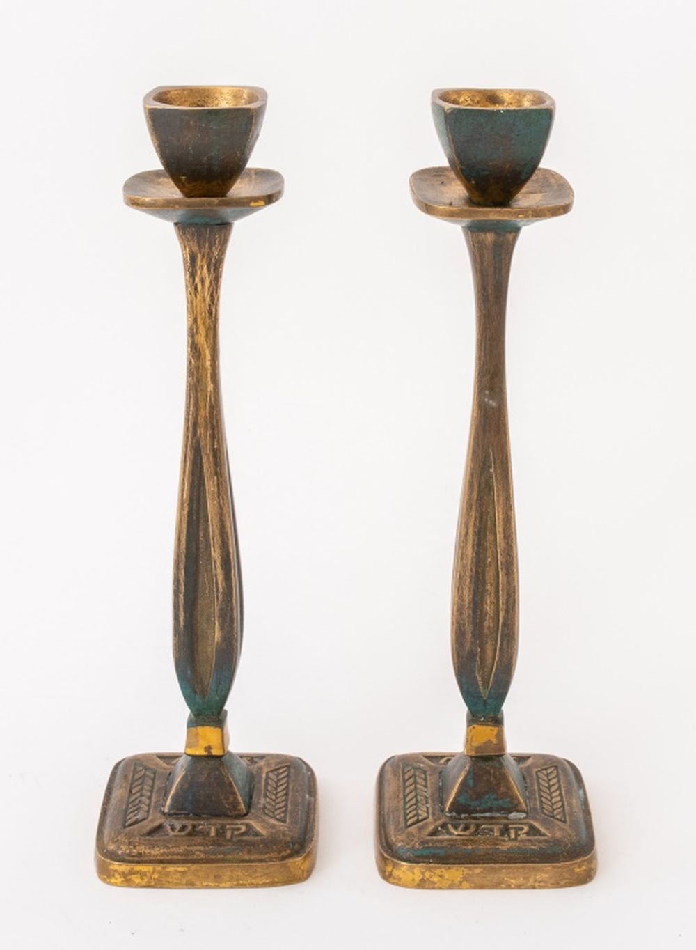 Appraisal: BRASS SHABBAT JUDAICA CANDLESTICKS PAIR Pair of cold-painted brass Shabbat