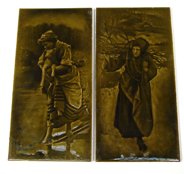 Appraisal: Two large Victorian brown glazed pottery tiles one depicting a