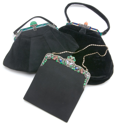 Appraisal: Three Art Deco evening bags with enameled silver frames marcasite