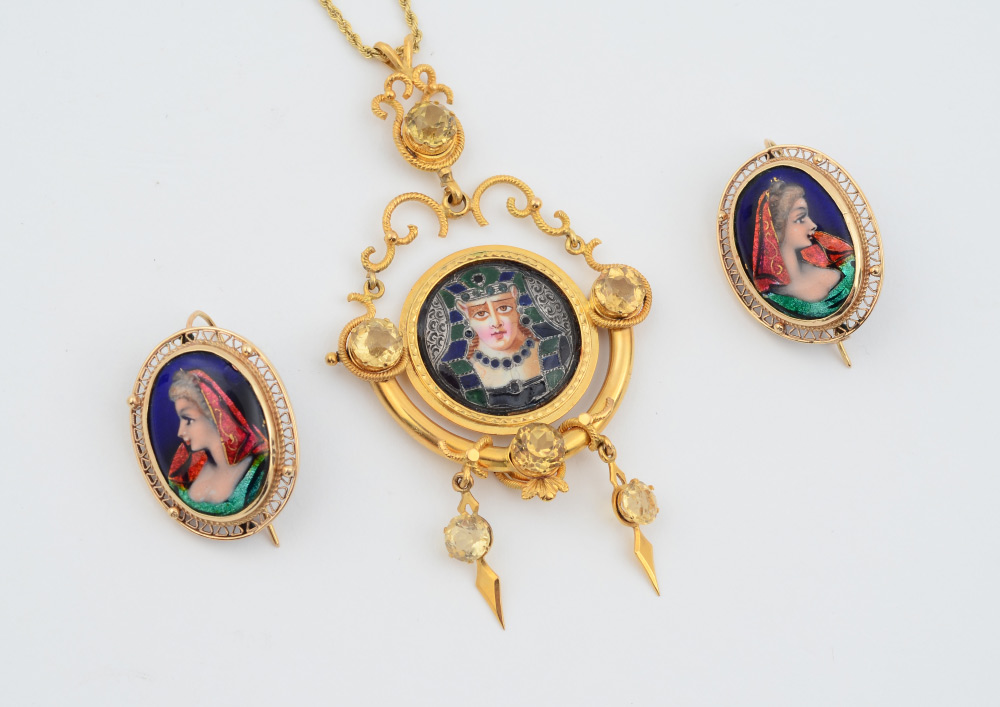 Appraisal: CITRINE AND FRENCH ENAMELED NECKLACE EARRINGS K gold Egyptian revival