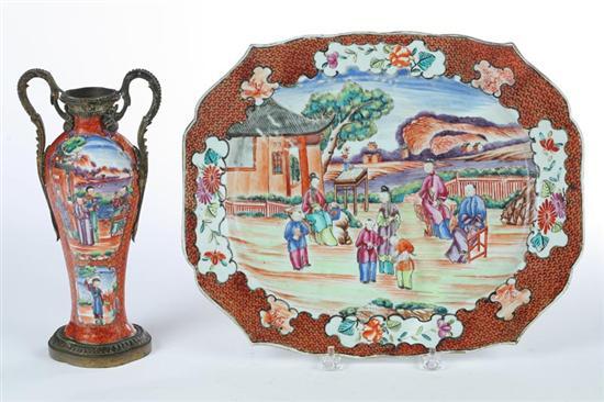 Appraisal: ROSE PALETTE VASE AND PLATTER Chinese th century porcelain Mandarin