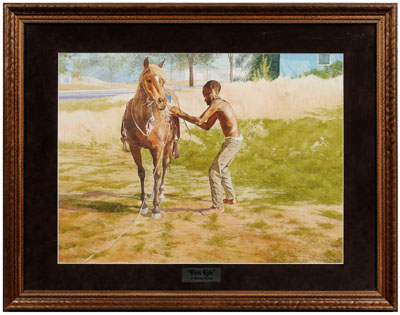 Appraisal: William Nelson watercolor young black boy putting bridle on pony