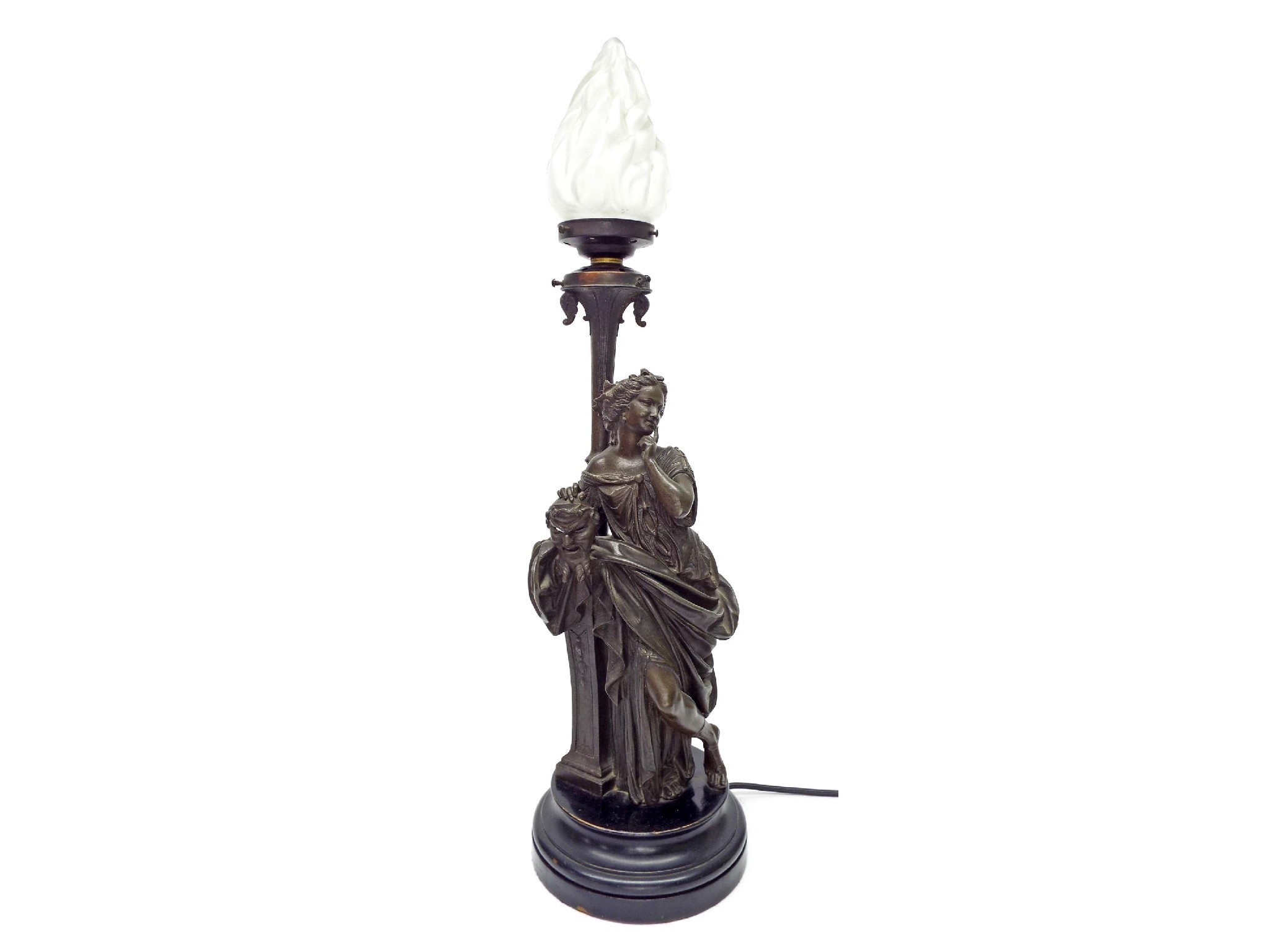 Appraisal: Bronzed spelter table lamp in the form of a theatrical